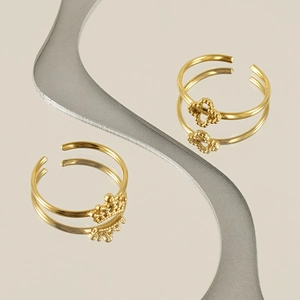 Polished 18k gold stainless steel open rings with clover and crown decorative designs