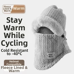 Detail view of thick knit exterior and soft faux fur lining on a grey winter balaclava hood