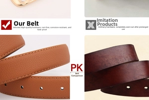 Detail of premium brown PU leather belt with polished gold alloy buckle and stitching
