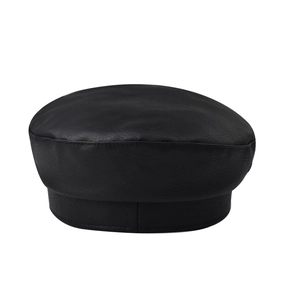 Classic black PU leather beret with crocodile pattern texture and retro military style