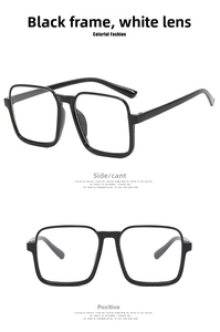 Detailed view of oversized black square eyeglasses with transparent lenses from two angles