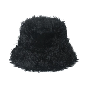 Solid black plush faux fur bucket hat with soft texture and warm dome brim for winter