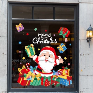 Merry Christmas window stickers featuring Santa Claus and gift boxes for store decoration