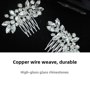 Detail of silver copper wire hair comb set with sparkling glass rhinestones for brides