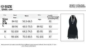 Detailed size chart for the deep V-neck backless mini dress with measurements in cm