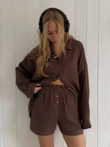 Close-up of deep brown textured double gauze long sleeve shirt and matching shorts
