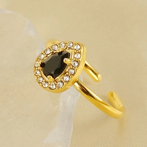 Adjustable 18k gold plated ring with teardrop black zircon and sparkling crystal halo