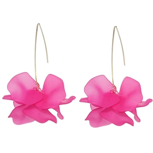 Macro view of hot pink flower drop earrings with translucent petals and gold hooks