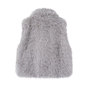 Detailed back view of a plush light grey faux fur vest with thick fluffy texture