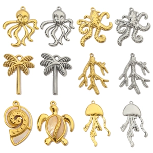 French Vintage Ocean Animal Charms Pendants Stainless Steel Gold Plated Octopus Jellyfish Coconut Tree DIY Jewelry Making For Necklace Women