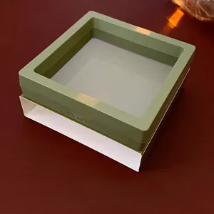 Transparent PE film floating jewelry display box with green frame and white base
