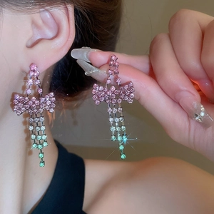 Elegant gradient rhinestone bow tassel earrings with pink and green crystal stones