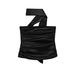 Women Satin Tube Top Pleated Halter Neck Scarf Tie Strapless Slim Fit Solid Color Elegant Party Wear