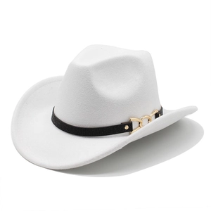 Classic white wool felt western cowboy hat with black leather band and gold chain buckle