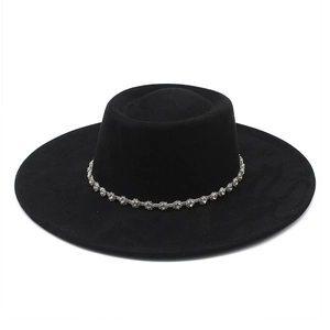 Black suede wide brim boater hat with decorative silver flower rhinestone chain
