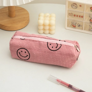 Astuccio in velluto a coste rosa con motivo smiley e alta capacità per cancelleria