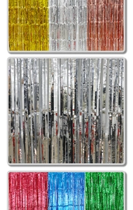 Vertical display showing colorful foil fringe curtains in gold, silver and metallic tones