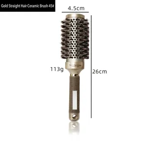 Detail view of champagne gold ceramic hair brush with dimensions 4.5cm by 26cm and nano tech