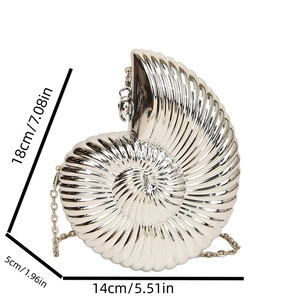 Detailed size chart of a silver snail-shaped evening bag with metallic chain strap