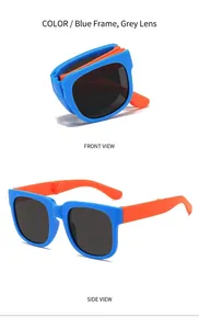 Foldable kids sunglasses with blue frames and orange temples featuring UV protection