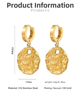 Detailed dimensions of 18K gold plated stainless steel earrings with hammer texture