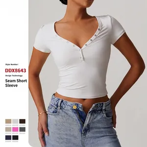 Women Short Sleeve Henley Crop Top V Neck Slim Fit Brushed Solid Sporty Casual T-Shirt With Metal Buttons