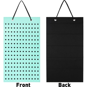 Front and back view of mint green felt wall organizer for pins and earrings