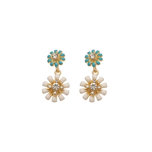 Elegant daisy drop earrings with blue and white enamel flowers and crystal accents