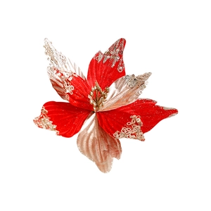 Sparkling red and champagne gold Christmas poinsettia flower with glitter for wreaths