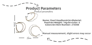 Detailed dimensions and multi-style pearl headband specifications with 14g weight guide