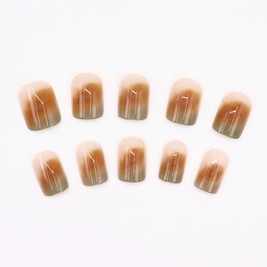 Short square press-on nails with vertical gradient of pink, caramel, and olive green