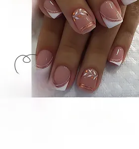 Short square press on nails with nude base, white French tips and hand-painted flowers