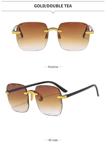Detailed views of gold rimless sunglasses with gradient brown lenses and side wave cut design