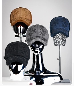 Winter plush baseball caps with rhinestones bows and faux fur trim in four colors
