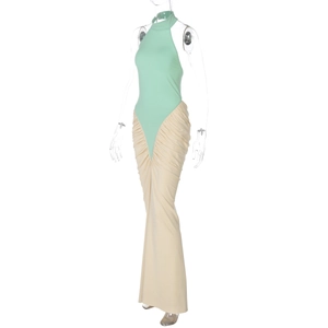 Detail view of mint green halter neck stitching on beige pleated long bodycon dress