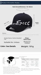 Detailed size chart for the cotton baseball cap including head circumference measurements