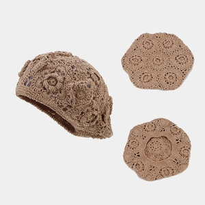 Crochet Beret Hat Handmade Cotton Thread Hollow Out Flower Pattern Breathable Vintage Elegant French Style For Women