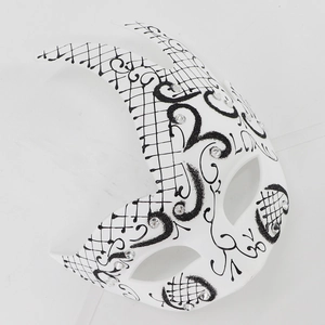 Detail of white masquerade mask with black glitter vine patterns and sparkling rhinestones
