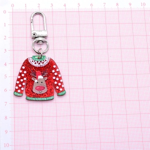 Christmas acrylic keychain with red glitter reindeer sweater pendant and silver ring