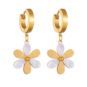 Golden matte and polished white petal flower earrings for women on a white background