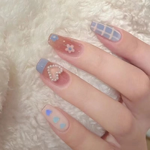 Ongles À Presser Longs Carrés À Carreaux Bleus Künstliche Perle Cœur Nœud Floral Français Faux Ongles Décoratifs Doux