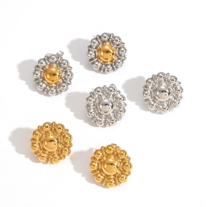 Floral beaded stainless steel stud earrings in gold and silver finish on white background