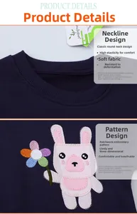 Detail of round neckline and pink rabbit embroidery on blue cotton sweater