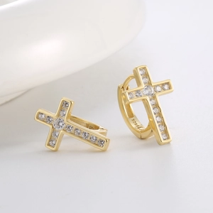 S925 sterling silver 14K gold plated cross hoop earrings with sparkling cubic zirconia