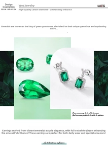 Detailed macro view of emerald cut green gemstone earrings with halo white zircon setting