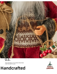 Close-up of Santa doll with knit sweater, red velvet coat and faux fur details
