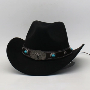 Black wool felt western cowboy hat featuring a leather band with turquoise and silver bull head