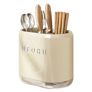 Wall-mounted cream kitchen utensil holder with drainage for spoons and wooden chopsticks