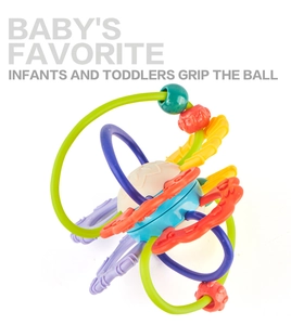 Detail of multi-textured colorful baby sensory grip ball for teething and motor skills