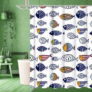 Detail view of waterproof fabric shower curtain with colorful hand-painted fish pattern